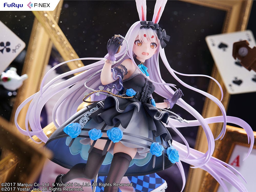 Azur Lane Fnex Shimakaze (The White Rabbit of Wonderland Ver.) 1/7 Scale Figure dressed in a black and blue bunny outfit with silver hair and a checkered base.