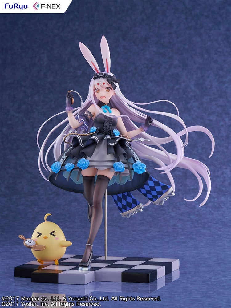 Azur Lane Fnex Shimakaze (The White Rabbit of Wonderland Ver.) 1/7 Scale Figure dressed in a black and blue bunny outfit with silver hair and a checkered base.