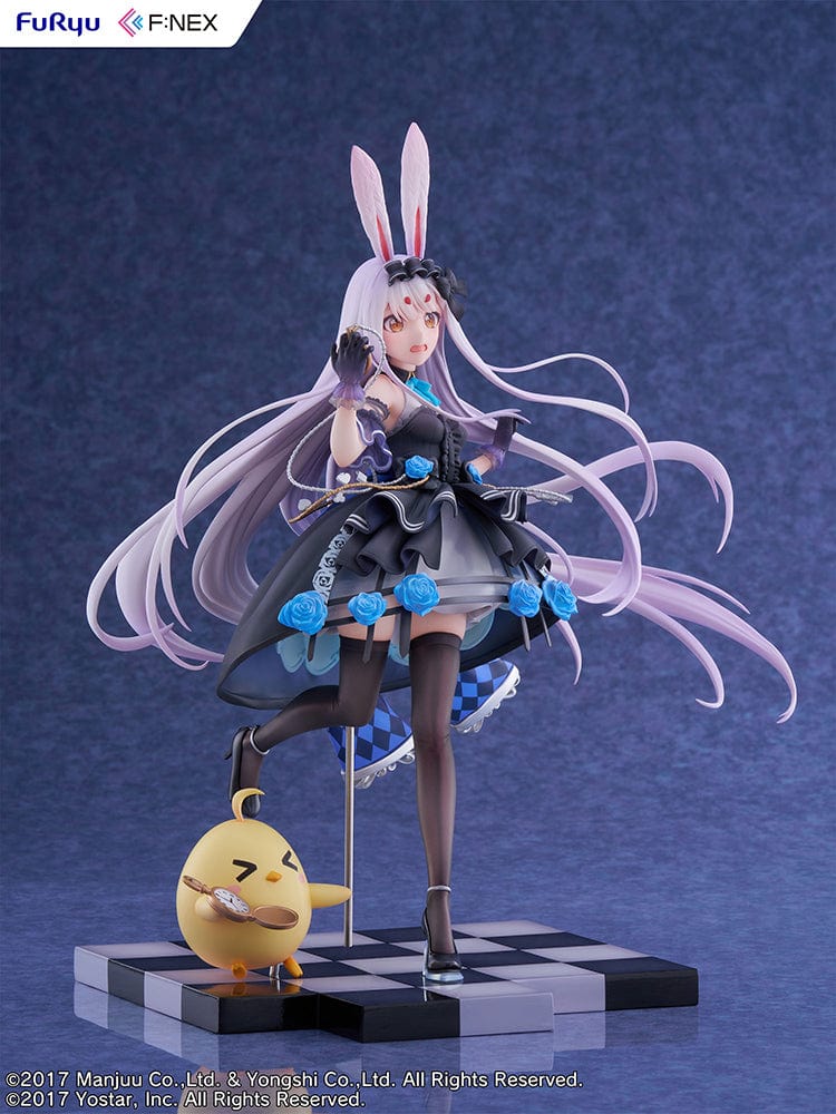 Azur Lane Fnex Shimakaze (The White Rabbit of Wonderland Ver.) 1/7 Scale Figure dressed in a black and blue bunny outfit with silver hair and a checkered base.