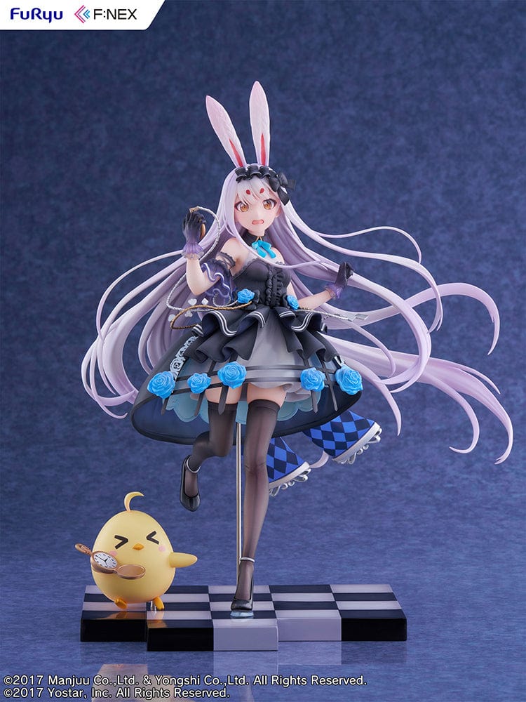 Azur Lane Fnex Shimakaze (The White Rabbit of Wonderland Ver.) 1/7 Scale Figure dressed in a black and blue bunny outfit with silver hair and a checkered base.