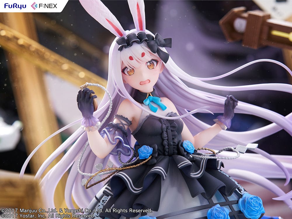 Azur Lane Fnex Shimakaze (The White Rabbit of Wonderland Ver.) 1/7 Scale Figure dressed in a black and blue bunny outfit with silver hair and a checkered base.