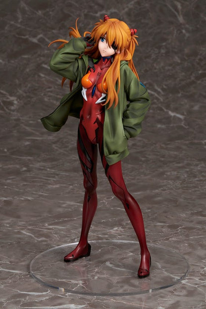 Rebuild of Evangelion Asuka Langley Shikinami Hoodie Ver. 1/7 Scale Figure in red plugsuit and green hoodie.