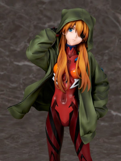 Rebuild of Evangelion Asuka Langley Shikinami Hoodie Ver. 1/7 Scale Figure in red plugsuit and green hoodie.