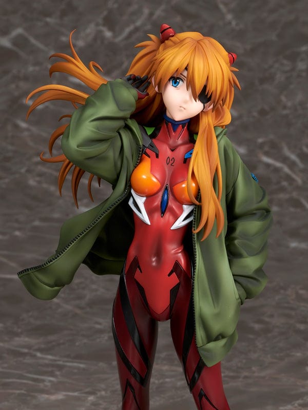 Rebuild of Evangelion Asuka Langley Shikinami Hoodie Ver. 1/7 Scale Figure in red plugsuit and green hoodie.