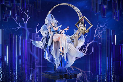 1/7 scale figure of Shinano from Azur Lane titled 'Dream of the Hazy Moon,' featuring her sitting on a crescent moon with a glass of wine, dressed in a flowing blue and white dress, with an ornate shelf containing a bottle and glasses to her side.