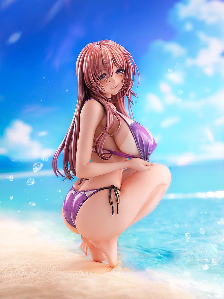 Piromizu Illustration Hanikami Kanojo Shinoha Kurumi 1/7 Scale Figure in purple bikini kneeling on beach base.