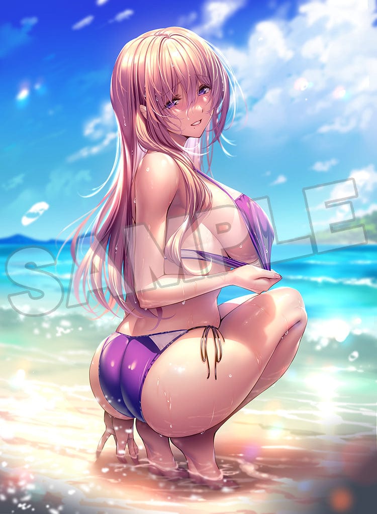 Piromizu Illustration Hanikami Kanojo Shinoha Kurumi 1/7 Scale Figure in purple bikini kneeling on beach base.