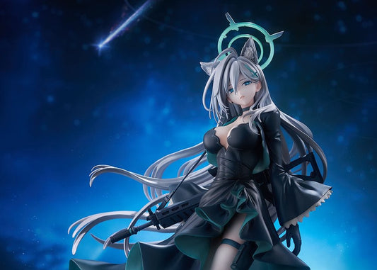 Blue Archive Shiroko Terror 1/7 scale figure—silver-haired girl with animal ears and halo in flowing black teal-trim dress, rifle on back, standing on shard base.