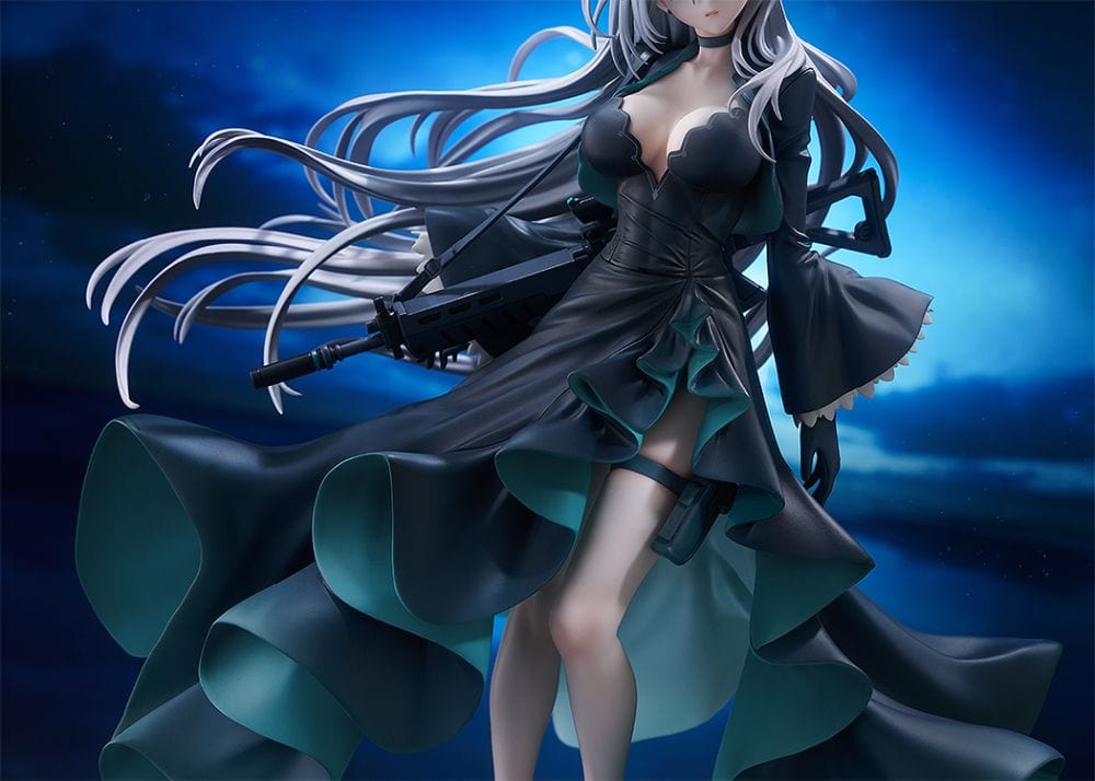Blue Archive Shiroko Terror 1/7 scale figure—silver-haired girl with animal ears and halo in flowing black teal-trim dress, rifle on back, standing on shard base.