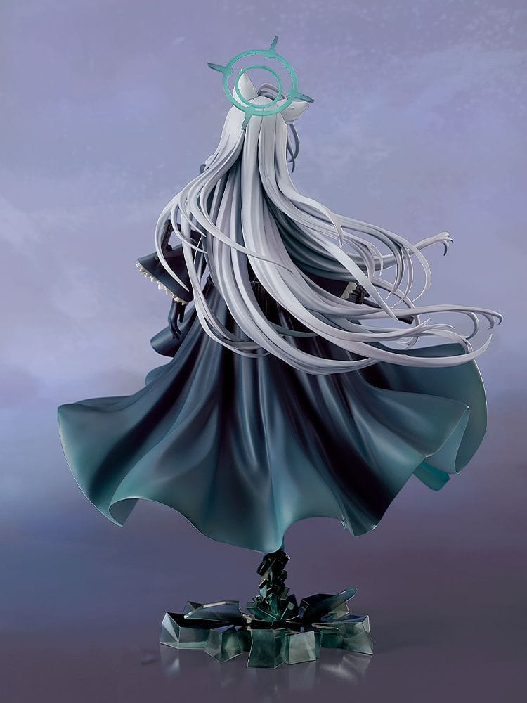 Blue Archive Shiroko Terror 1/7 scale figure—silver-haired girl with animal ears and halo in flowing black teal-trim dress, rifle on back, standing on shard base.