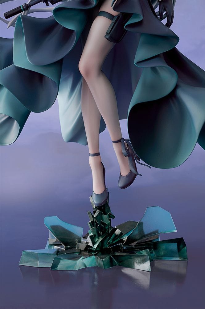 Blue Archive Shiroko Terror 1/7 scale figure—silver-haired girl with animal ears and halo in flowing black teal-trim dress, rifle on back, standing on shard base.