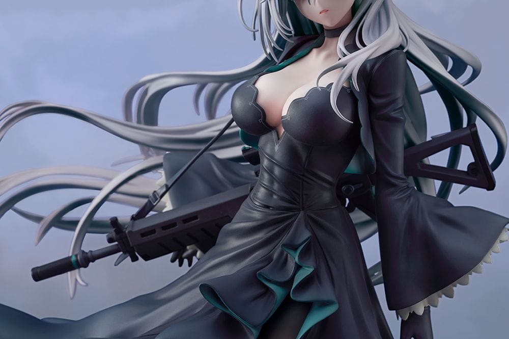 Blue Archive Shiroko Terror 1/7 scale figure—silver-haired girl with animal ears and halo in flowing black teal-trim dress, rifle on back, standing on shard base.