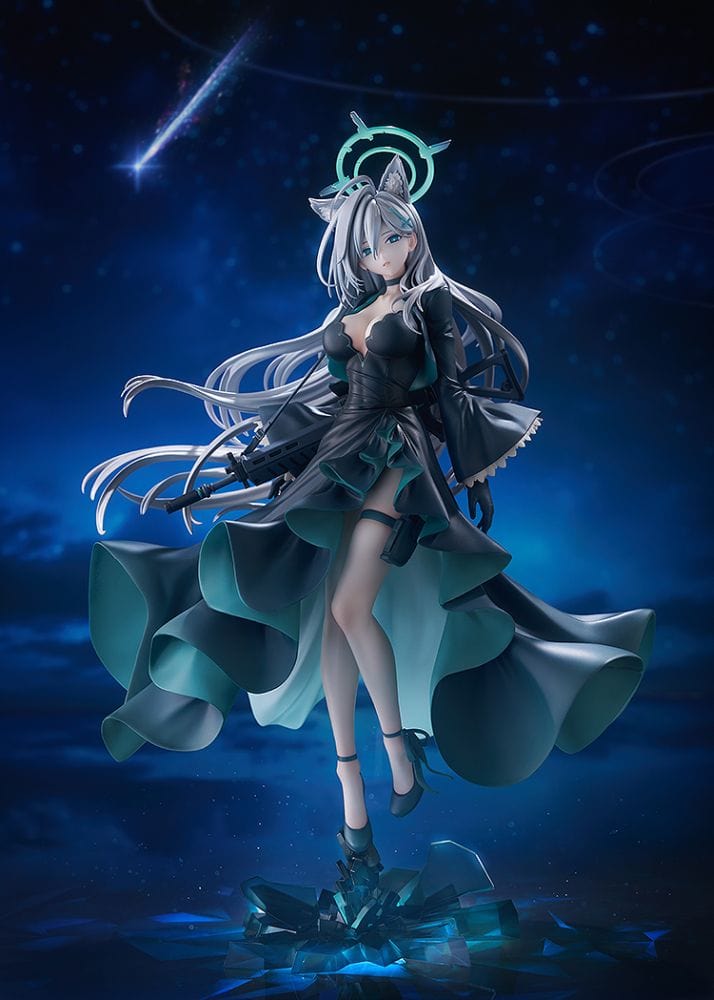 Blue Archive Shiroko Terror 1/7 scale figure—silver-haired girl with animal ears and halo in flowing black teal-trim dress, rifle on back, standing on shard base.