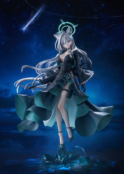 Blue Archive Shiroko Terror 1/7 scale figure—silver-haired girl with animal ears and halo in flowing black teal-trim dress, rifle on back, standing on shard base.