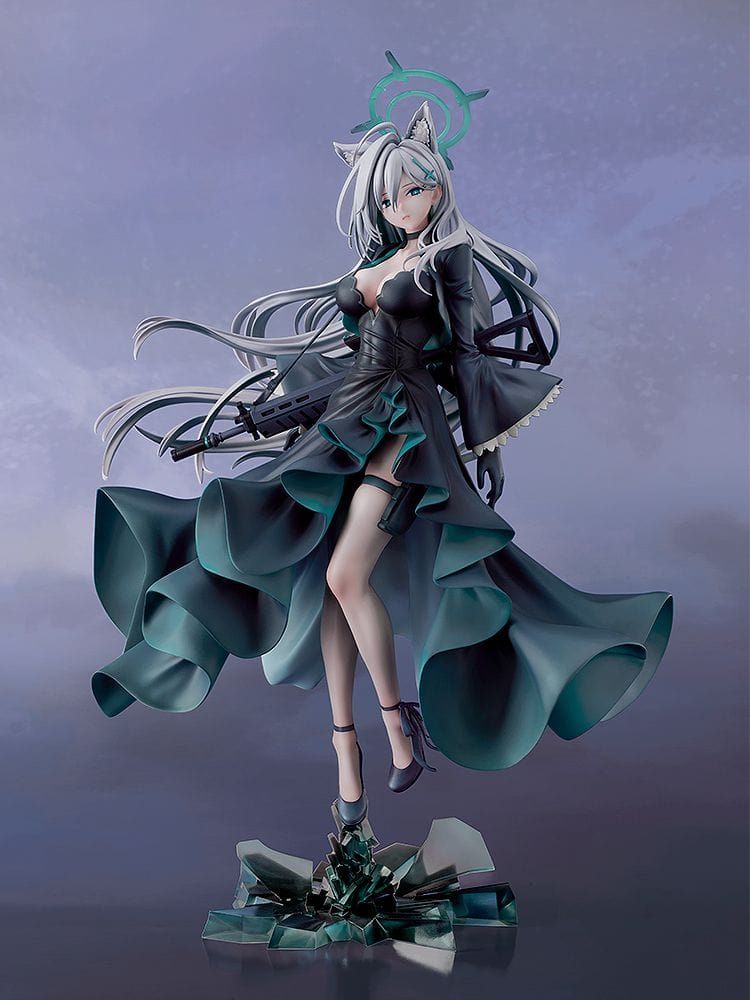 Blue Archive Shiroko Terror 1/7 scale figure—silver-haired girl with animal ears and halo in flowing black teal-trim dress, rifle on back, standing on shard base.