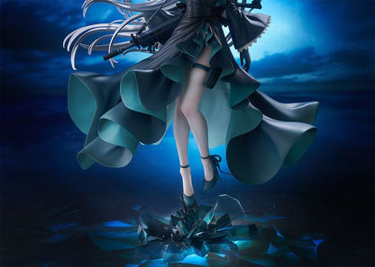 Blue Archive Shiroko Terror 1/7 scale figure—silver-haired girl with animal ears and halo in flowing black teal-trim dress, rifle on back, standing on shard base.