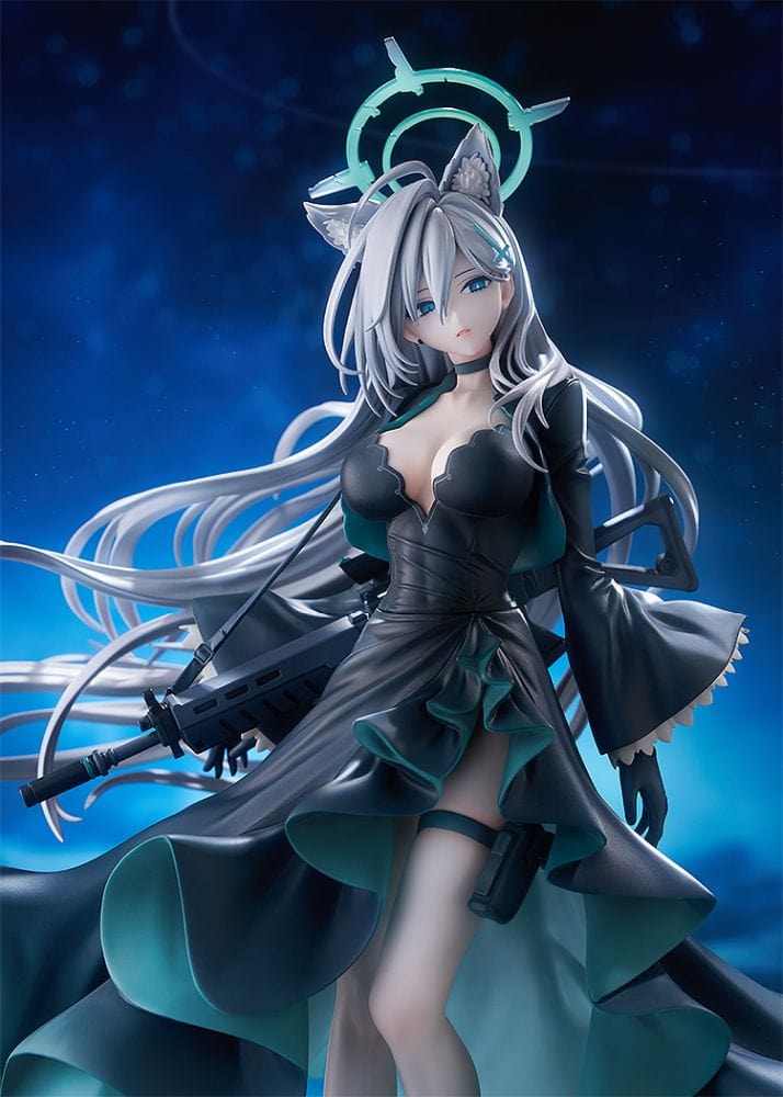 Blue Archive Shiroko Terror 1/7 scale figure—silver-haired girl with animal ears and halo in flowing black teal-trim dress, rifle on back, standing on shard base.