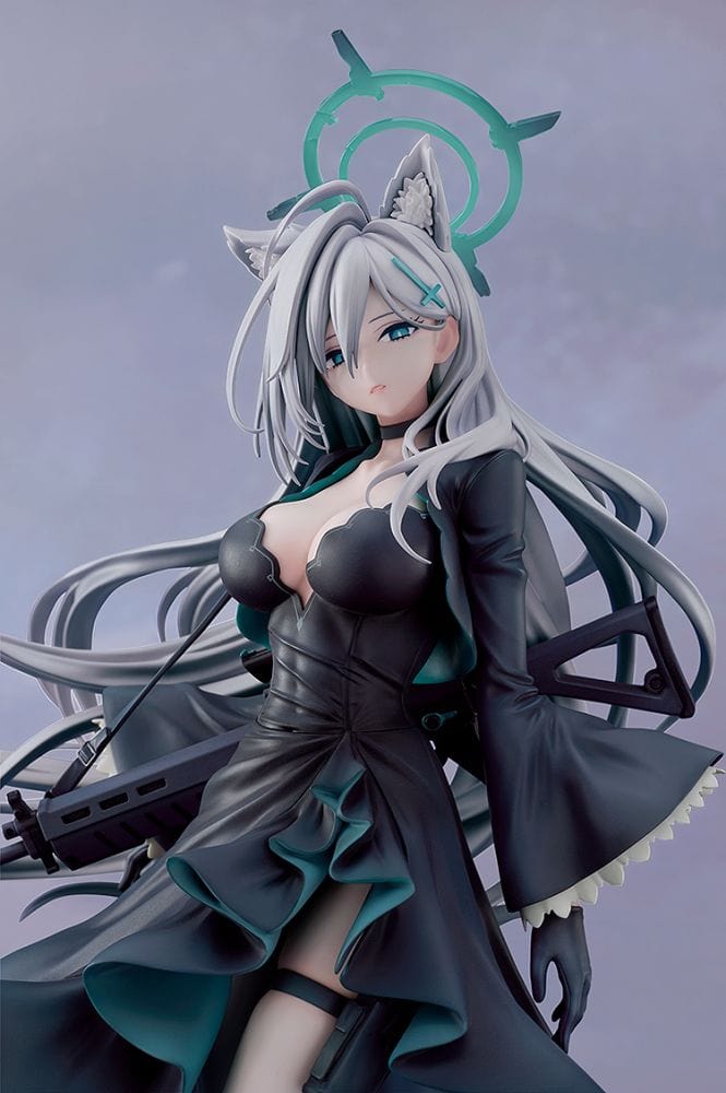 Blue Archive Shiroko Terror 1/7 scale figure—silver-haired girl with animal ears and halo in flowing black teal-trim dress, rifle on back, standing on shard base.