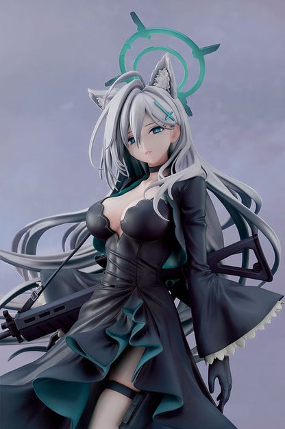Blue Archive Shiroko Terror 1/7 scale figure—silver-haired girl with animal ears and halo in flowing black teal-trim dress, rifle on back, standing on shard base.