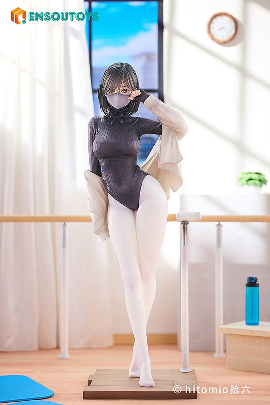 Hitomio Illustration Shokyu Sensei's Dance Lesson 1/7 Scale Figure - Exquisitely detailed figure of Shokyu Sensei in a dance pose, wearing a fitted bodysuit with a flowing cardigan, partially covering her face in a delicate gesture, on a wooden-like base.