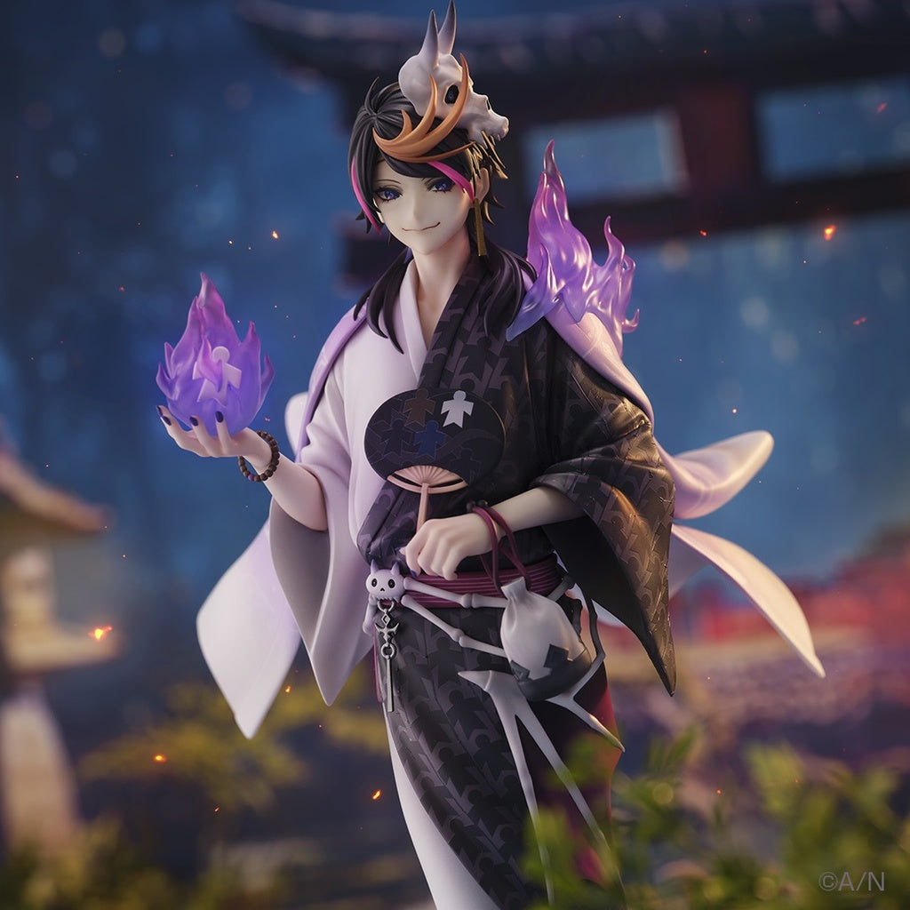  Nijisanji Shu Yamino (Summer Ver.) 1/7 Scale Figure, featuring the character in a detailed summer kimono, holding purple flames, with a base adorned with water lilies and rock formations.