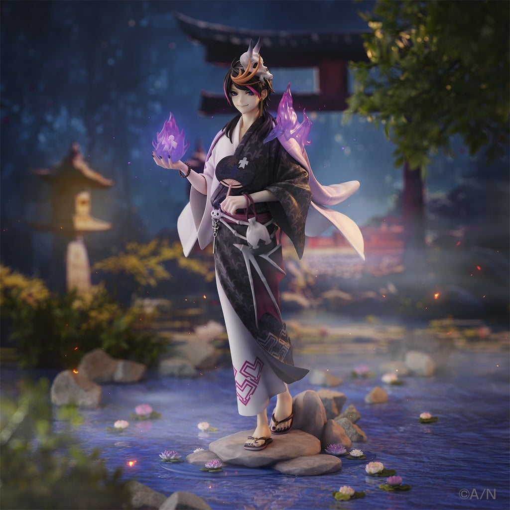  Nijisanji Shu Yamino (Summer Ver.) 1/7 Scale Figure, featuring the character in a detailed summer kimono, holding purple flames, with a base adorned with water lilies and rock formations.