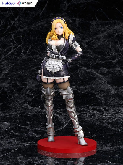 Overlord Fnex Solution Epsilon 1/7 Scale Figure wearing a maid outfit with armor, standing in a confident pose with blonde hair and thigh-high metal boots.