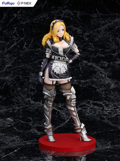 Overlord Fnex Solution Epsilon 1/7 Scale Figure wearing a maid outfit with armor, standing in a confident pose with blonde hair and thigh-high metal boots.