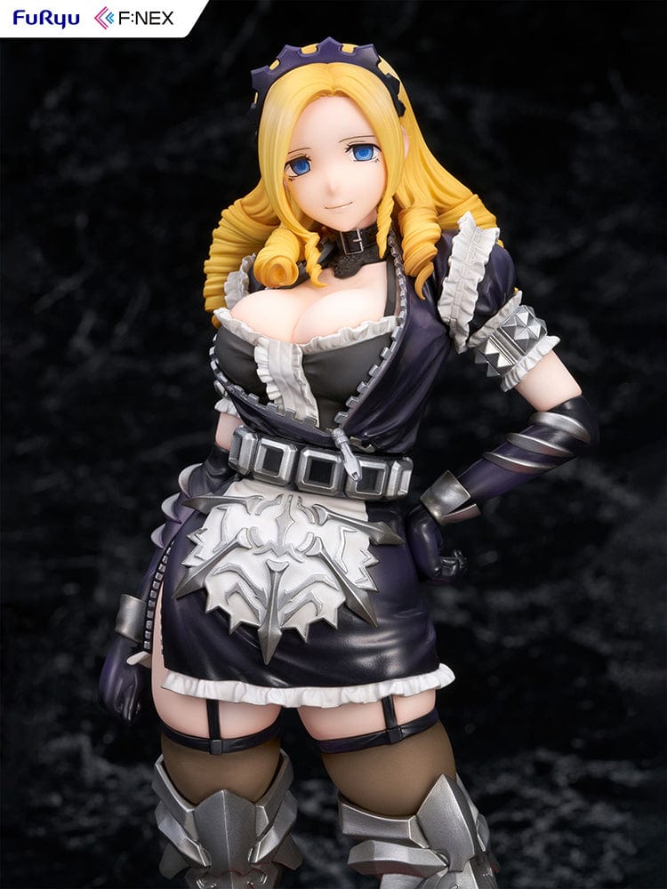 Overlord Fnex Solution Epsilon 1/7 Scale Figure wearing a maid outfit with armor, standing in a confident pose with blonde hair and thigh-high metal boots.