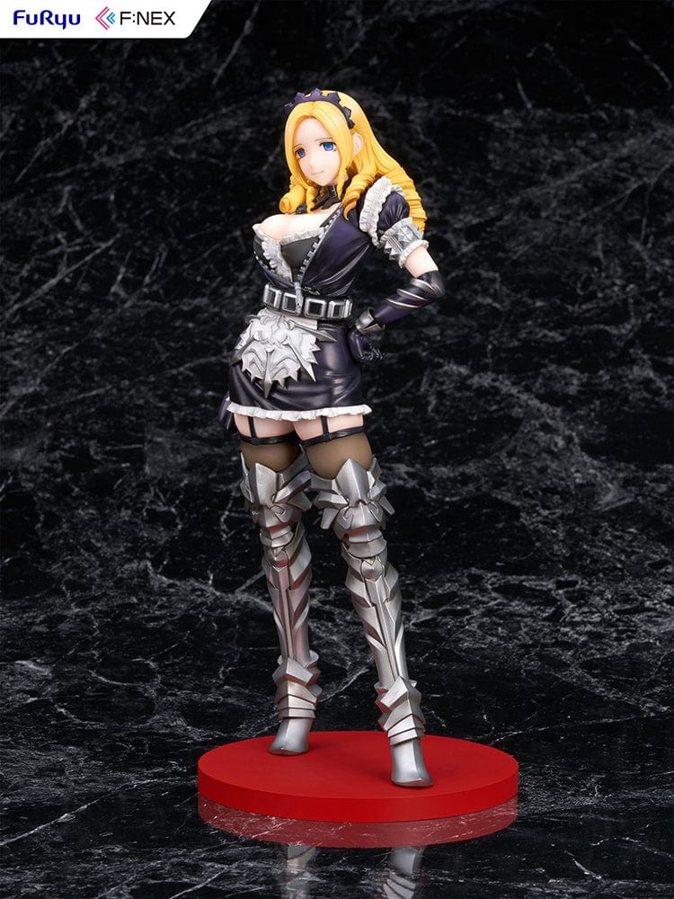 Overlord Fnex Solution Epsilon 1/7 Scale Figure wearing a maid outfit with armor, standing in a confident pose with blonde hair and thigh-high metal boots.