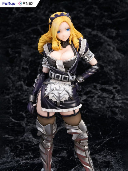 Overlord Fnex Solution Epsilon 1/7 Scale Figure wearing a maid outfit with armor, standing in a confident pose with blonde hair and thigh-high metal boots.