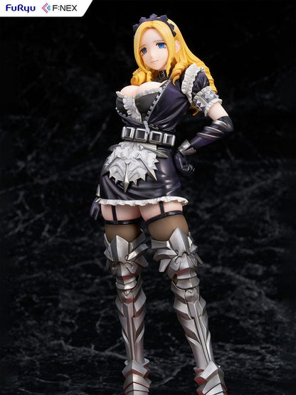 Overlord Fnex Solution Epsilon 1/7 Scale Figure wearing a maid outfit with armor, standing in a confident pose with blonde hair and thigh-high metal boots.