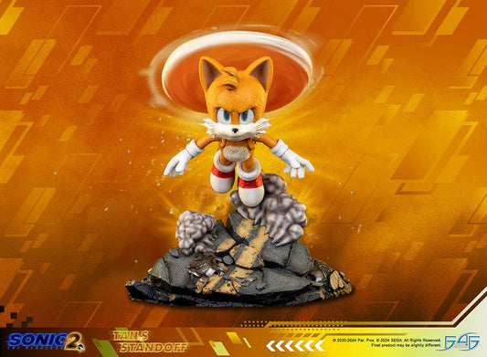 Sonic the Hedgehog 2 Tails Standoff Limited Edition Statue with Tails in a battle-ready pose, tails whirling, on a detailed rocky base, evoking the adventurous spirit of the series.