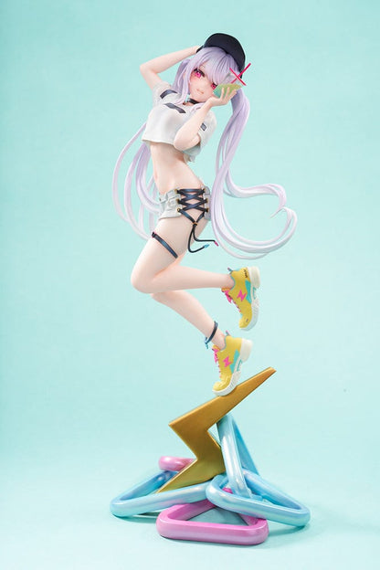 Mignon Illustration Spark 1/7 Scale Figure featuring a stylish character with pastel hair, streetwear outfit, and sneakers standing on a colorful lightning bolt-shaped base.