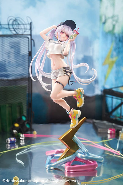 Mignon Illustration Spark 1/7 Scale Figure featuring a stylish character with pastel hair, streetwear outfit, and sneakers standing on a colorful lightning bolt-shaped base.