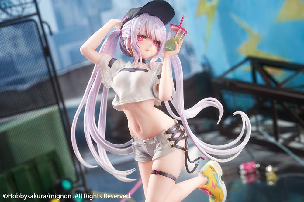 Mignon Illustration Spark 1/7 Scale Figure featuring a stylish character with pastel hair, streetwear outfit, and sneakers standing on a colorful lightning bolt-shaped base.