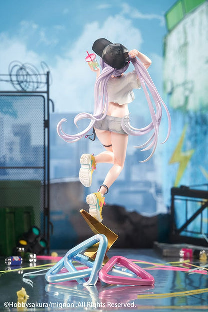 Mignon Illustration Spark 1/7 Scale Figure featuring a stylish character with pastel hair, streetwear outfit, and sneakers standing on a colorful lightning bolt-shaped base.