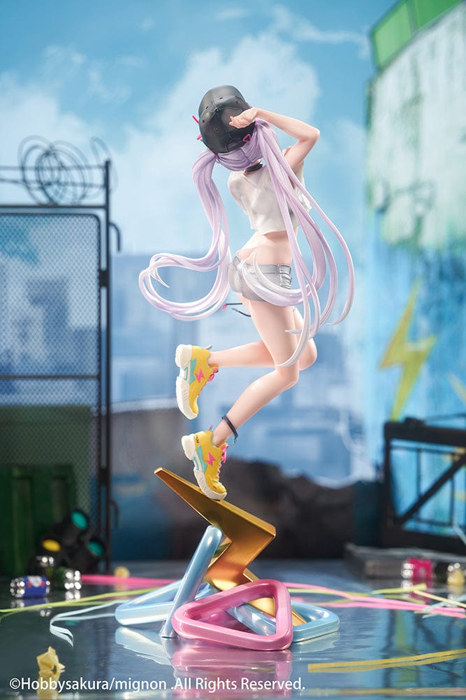 Mignon Illustration Spark 1/7 Scale Figure featuring a stylish character with pastel hair, streetwear outfit, and sneakers standing on a colorful lightning bolt-shaped base.