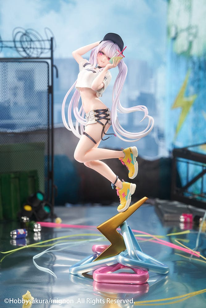 Mignon Illustration Spark 1/7 Scale Figure featuring a stylish character with pastel hair, streetwear outfit, and sneakers standing on a colorful lightning bolt-shaped base.