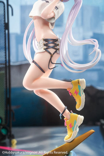 Mignon Illustration Spark 1/7 Scale Figure featuring a stylish character with pastel hair, streetwear outfit, and sneakers standing on a colorful lightning bolt-shaped base.