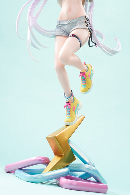 Mignon Illustration Spark 1/7 Scale Figure featuring a stylish character with pastel hair, streetwear outfit, and sneakers standing on a colorful lightning bolt-shaped base.