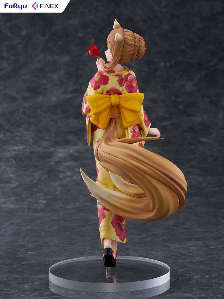 Spice and Wolf FNex Holo (Yukata Ver.) 1/7 Scale Figure, featuring Holo in a traditional yukata with vibrant floral patterns, holding a candied apple and displaying a joyful expression, showcasing her playful and wise nature.