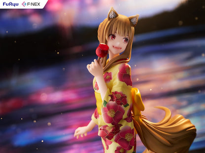 Spice and Wolf FNex Holo (Yukata Ver.) 1/7 Scale Figure, featuring Holo in a traditional yukata with vibrant floral patterns, holding a candied apple and displaying a joyful expression, showcasing her playful and wise nature.