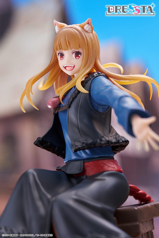 Spice and Wolf: Merchant Meets the Wise Wolf Dressta Holo Figure, featuring Holo sitting on barrels with a joyful expression, detailed outfit, and wolf ears and tail.