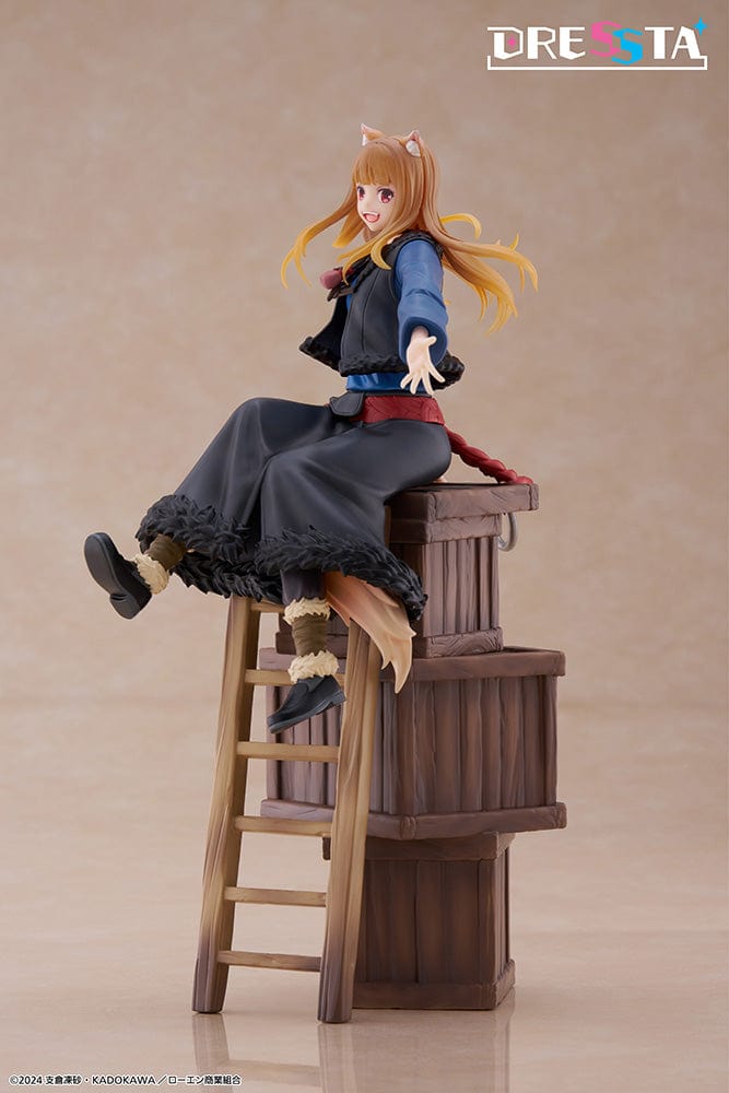 Spice and Wolf: Merchant Meets the Wise Wolf Dressta Holo Figure, featuring Holo sitting on barrels with a joyful expression, detailed outfit, and wolf ears and tail.