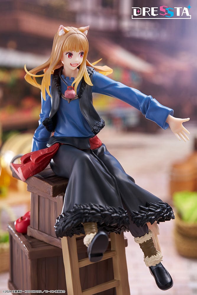 Spice and Wolf: Merchant Meets the Wise Wolf Dressta Holo Figure, featuring Holo sitting on barrels with a joyful expression, detailed outfit, and wolf ears and tail.