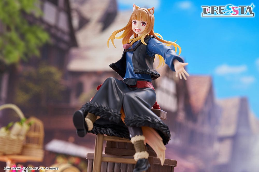 Spice and Wolf: Merchant Meets the Wise Wolf Dressta Holo Figure, featuring Holo sitting on barrels with a joyful expression, detailed outfit, and wolf ears and tail.