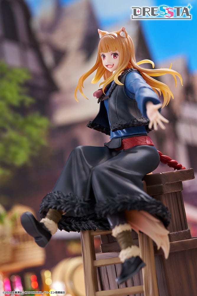 Spice and Wolf: Merchant Meets the Wise Wolf Dressta Holo Figure, featuring Holo sitting on barrels with a joyful expression, detailed outfit, and wolf ears and tail.