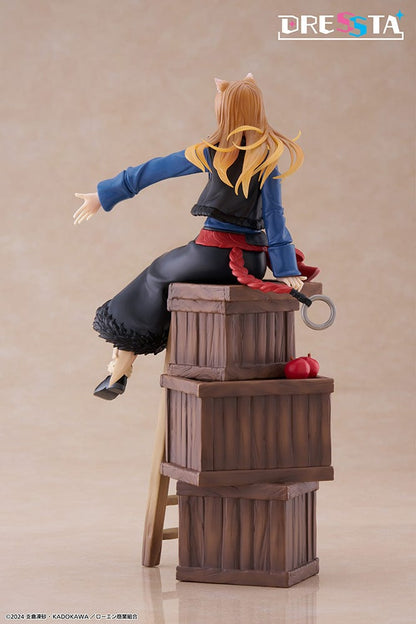 Spice and Wolf: Merchant Meets the Wise Wolf Dressta Holo Figure, featuring Holo sitting on barrels with a joyful expression, detailed outfit, and wolf ears and tail.