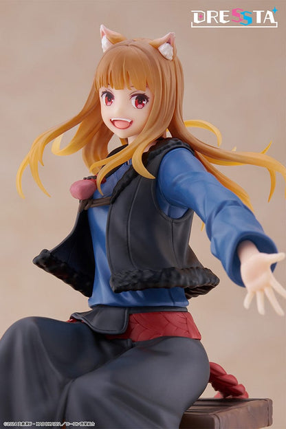 Spice and Wolf: Merchant Meets the Wise Wolf Dressta Holo Figure, featuring Holo sitting on barrels with a joyful expression, detailed outfit, and wolf ears and tail.